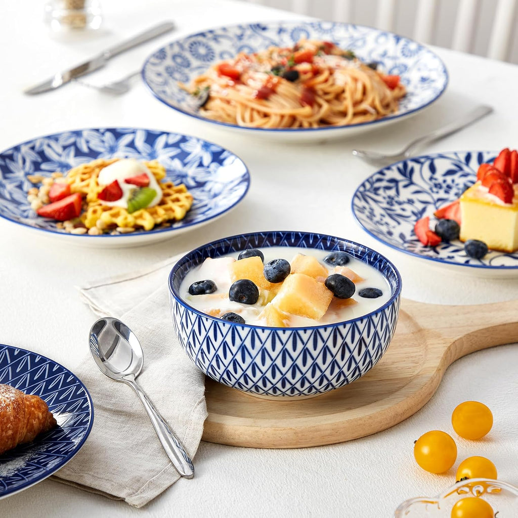SELENE Plates and Bowls Set for 4, 12 Pieces Dinnerware Sets, Mircowave and Dishwasher Safe Dishes Set