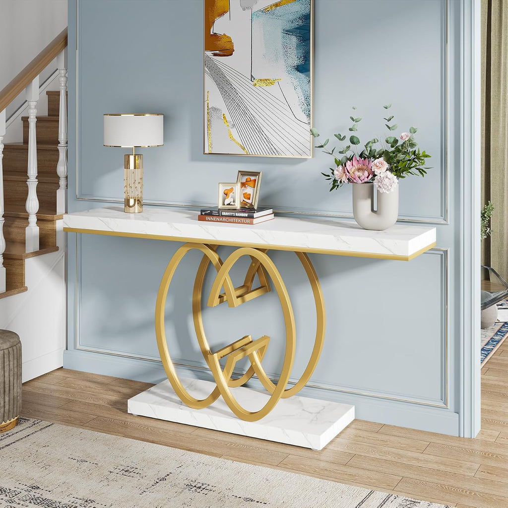 55 Inch Console Table , Faux Marble Gold Entryway Table with Geometric Metal Base, Modern Narrow Sofa Accent Table