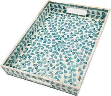 Rectangular Mother of Pearl Serving Tray Nacre Wood Lap Ottoman Tray for Coffee Table, Luxury Decorative Eating