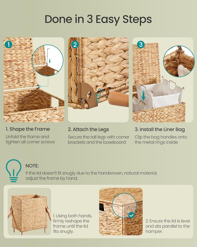 Laundry Hamper 2 Sections, 34.3 Gal. (130 L) Handwoven Water Hyacinth Wicker Laundry Basket with Lid, Natural