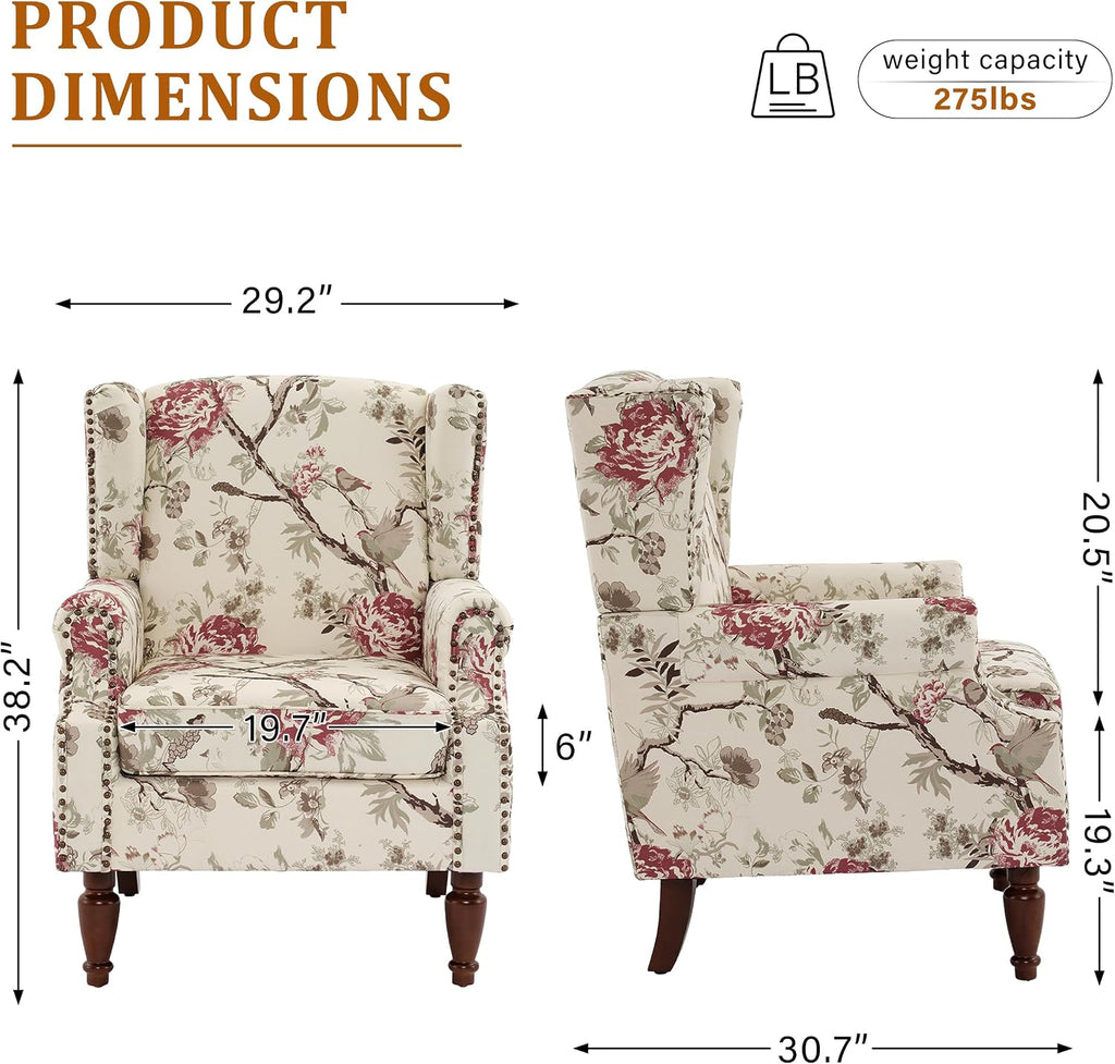 Wingback Accent Chair, High Back Armchair , Beige | Ergonomic Design | Linen Fabric | High-Resilient Foam Seat |