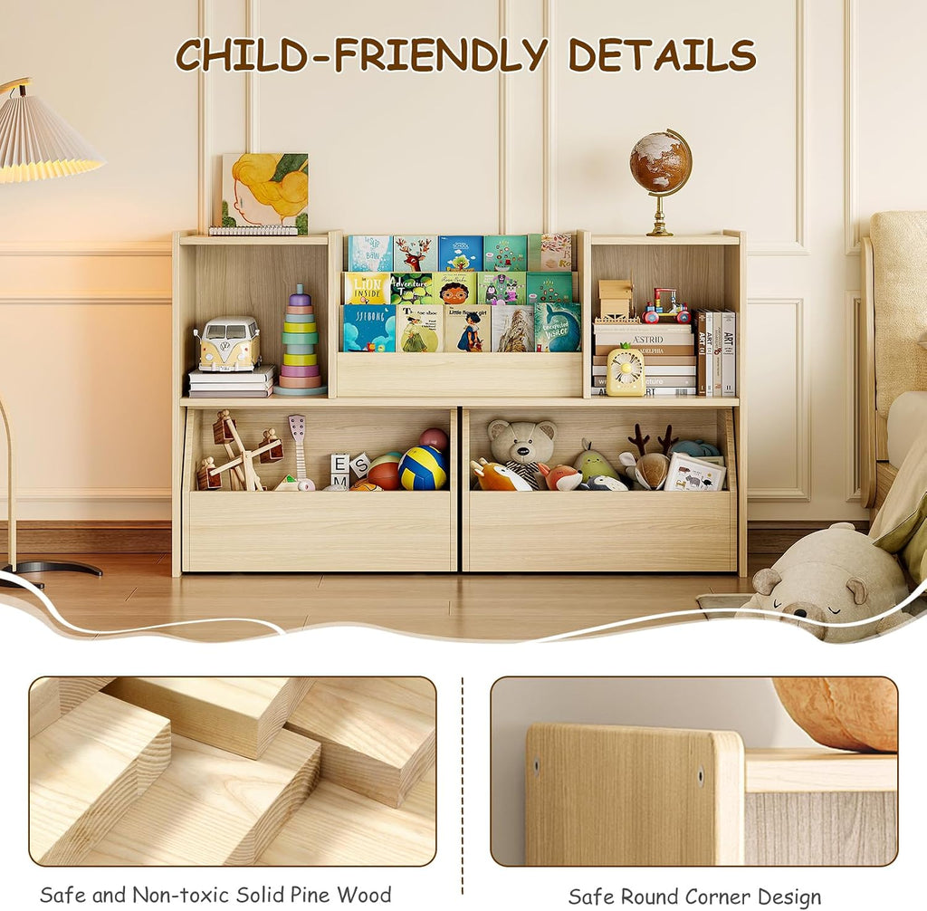 Solid Wood Kids Bookshelf and Toy Storage Organizer, 3-in-1 Montessori Bookcase with Storage Cubbies and 2 Rolling