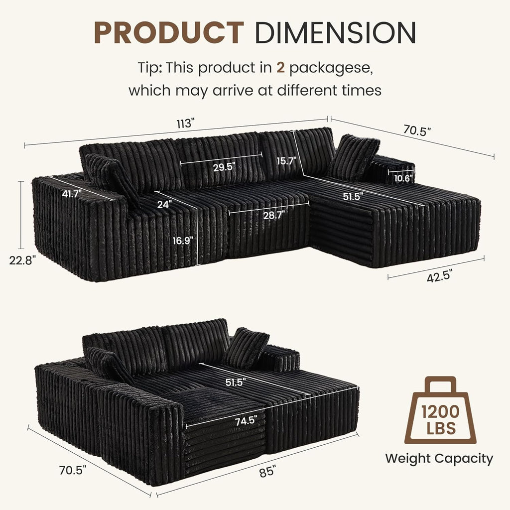 113" Boneless Sectional Couch for Living Room, L Shaped Sectional Sofa Couch with Right Chaise Longue