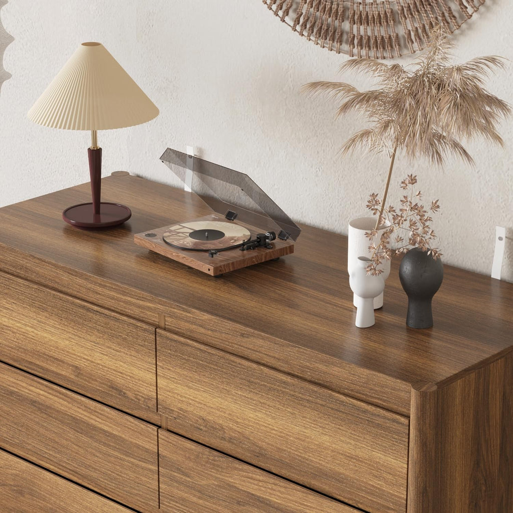47.2" W 6-Drawer Dresser with Solid Wood Legs, Mid Century Modern Closet Chest of Drawers with no Handles Design
