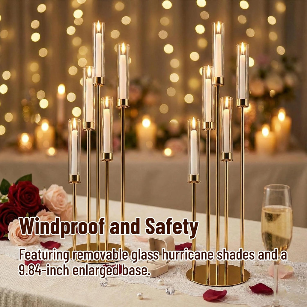 Gold Candelabra with Glass Cylinders for Real Candles 5 Arms Metal Candle Holder Wedding Event Party Home Decoration