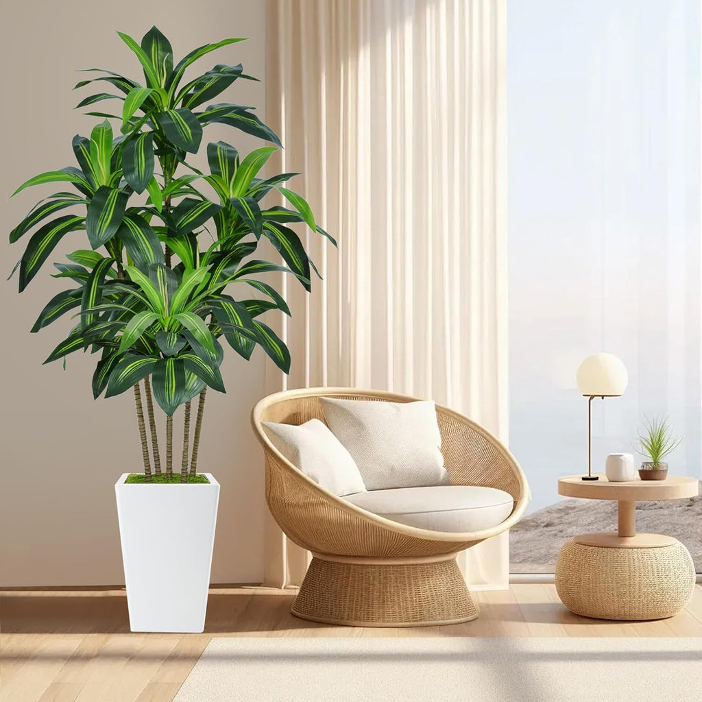 6FT Artificial Dracaena Tree, Fake Tree Indoor with White Tall Planter,Tall Artificial Plants Indoor,Artificial Silk
