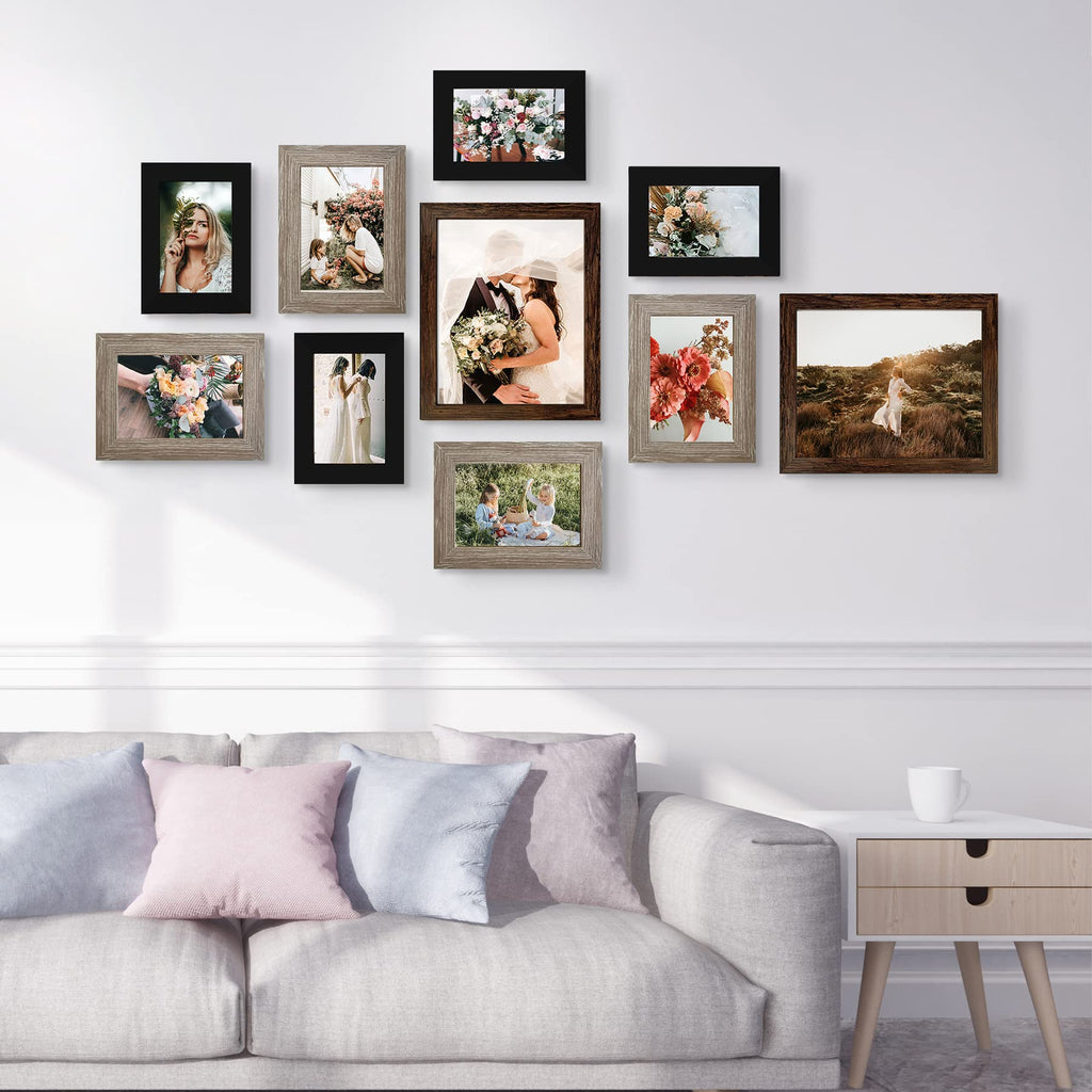 Gallery Wall Frame Set, Picture Frames Collage 10-Pack for Wall or Tabletop with 8x10 5x7 4x6 Frames in 3 Different