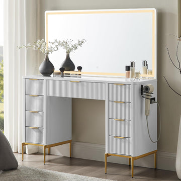 48" Fluted Makeup Vanity Desk with 48" Large Mirror and HD LED Lights, Modern Vanity Table with 9 Drawers & Charging