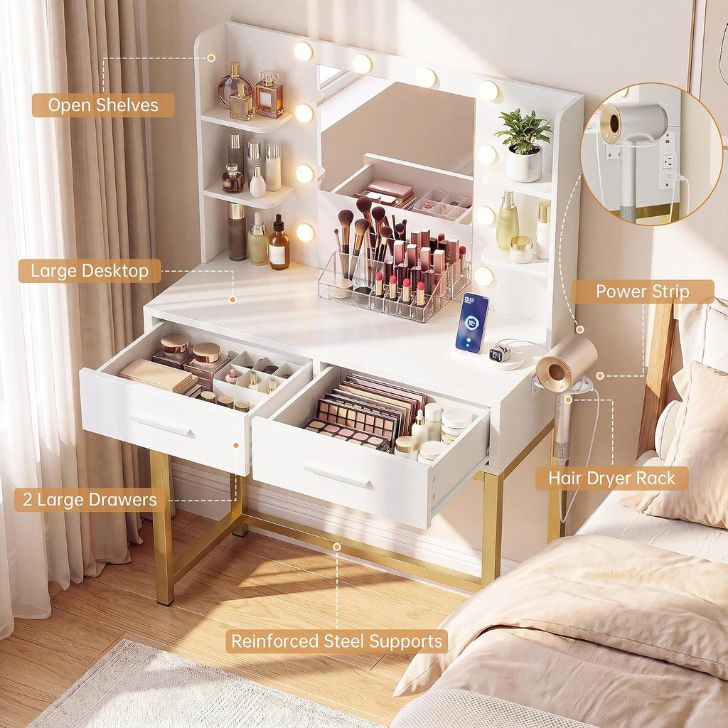 31.5'' Small Vanity Desk with LED Mirror and Lights, White | 3-Color Dimmable LED Mirror, Built In Fast Charging