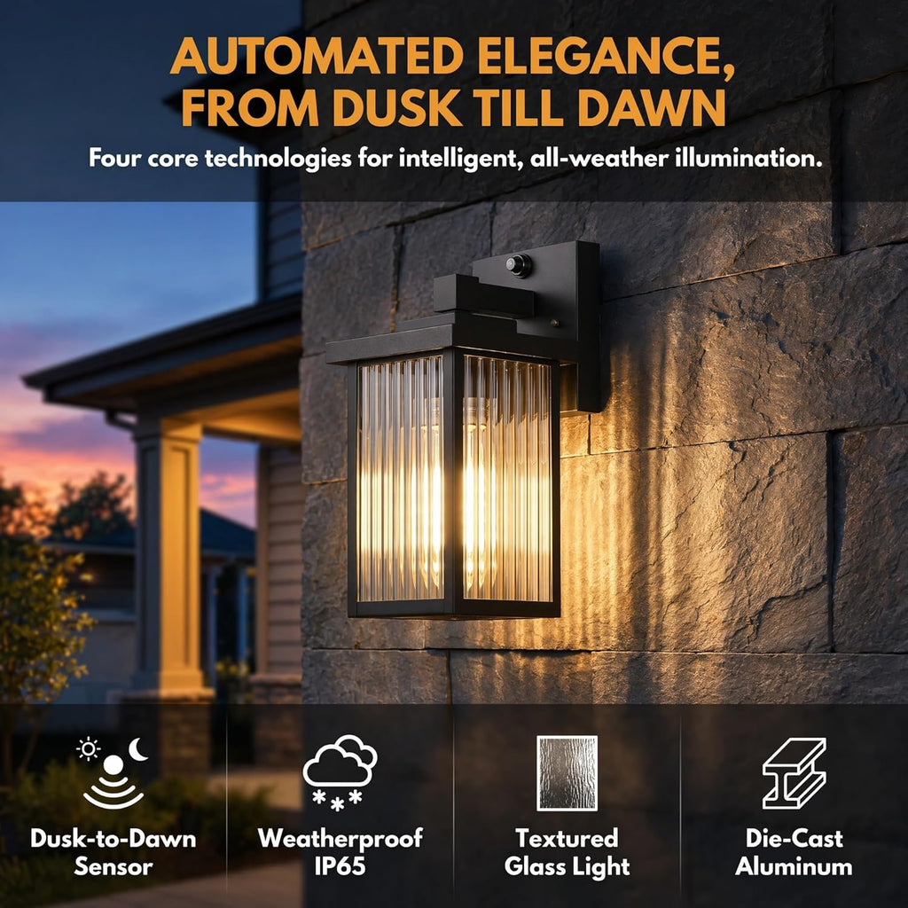 Dusk to Dawn Outdoor Wall Light Fixture, Waterproof Exterior Porch Light with Tempered Glass