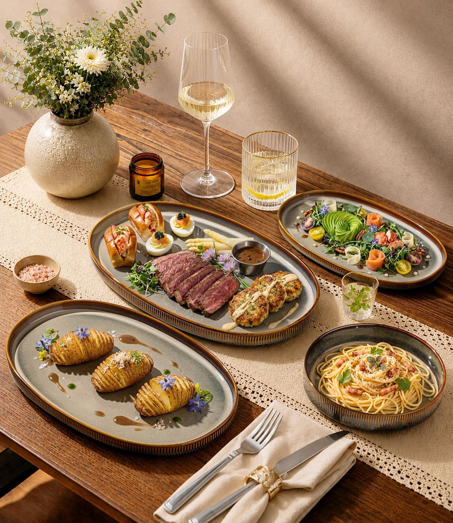 Ceramic Serving Platter Set of 3, Oval Serving Plates and Dishes | 15.6"/14.4"/12.2", Oven & Microwave & Dishwasher