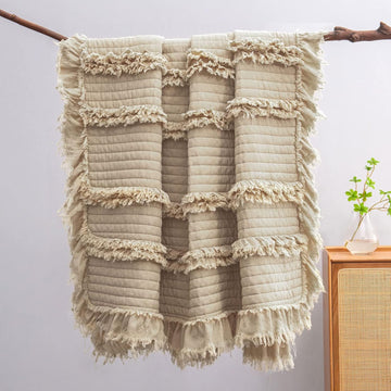 Ultra Soft Pre-Washed Quilted Boho Throw Blanket, Ruffle Fringed Beige Decorative Throw, Stone Washed Chic Rustic