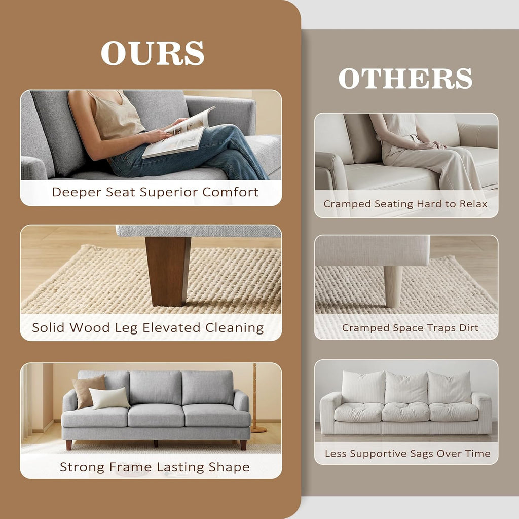 Mid Century Modern Couches , 89" Comfy Grey Couch Sofa with 3-Seater Deep Seats, Upholstered Sofas Apartment