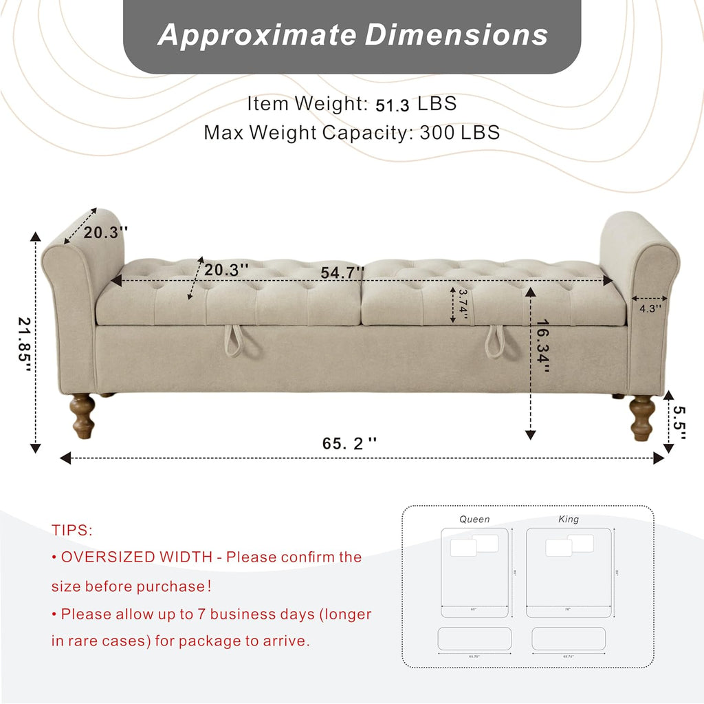 Storage Bench , 65.2'' Tufted End of Bed King Size Upholstered Extra-Long Bench with Dual Flip-Top Lids , Cloakroom