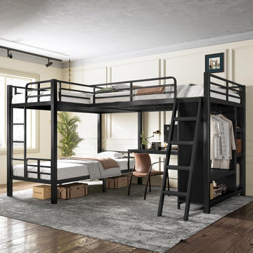 L-Shaped Triple Bunk Bed with Desk, Wardrobe, Twin XL Over Twin XL Bunk Beds with Storage