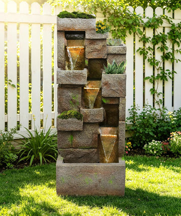 41.7" Outdoor Fountain 3 Tier Modern Water Fountains with LED Lights and Pump Outdoor Floor-Standing Rock Fountain Decor