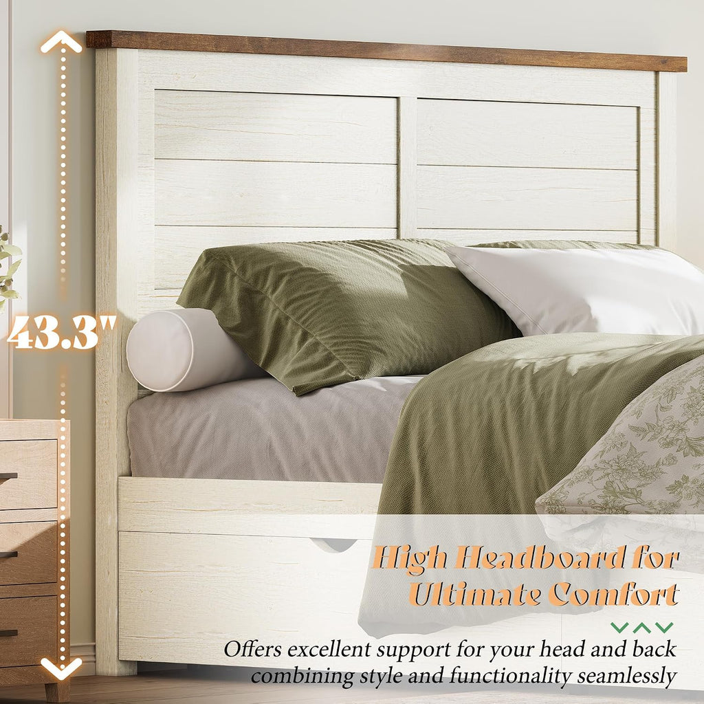 Queen Farmhouse Bed Frame with Headboard, Platform Bed with 4 Storage Drawers, Wood Bed Frame for Bedroom, Wood Slats