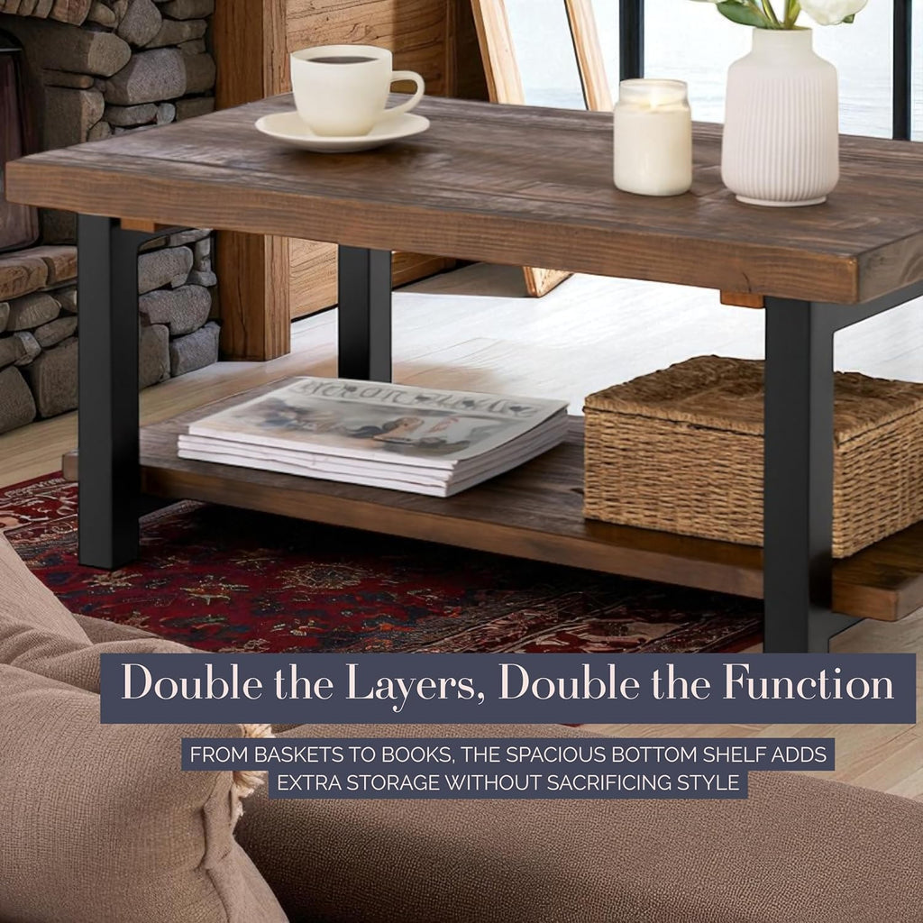 Pomona Living Room Collection - 42 Inch Rectangular Solid Wood Coffee Table with Storage Shelf & Metal Legs
