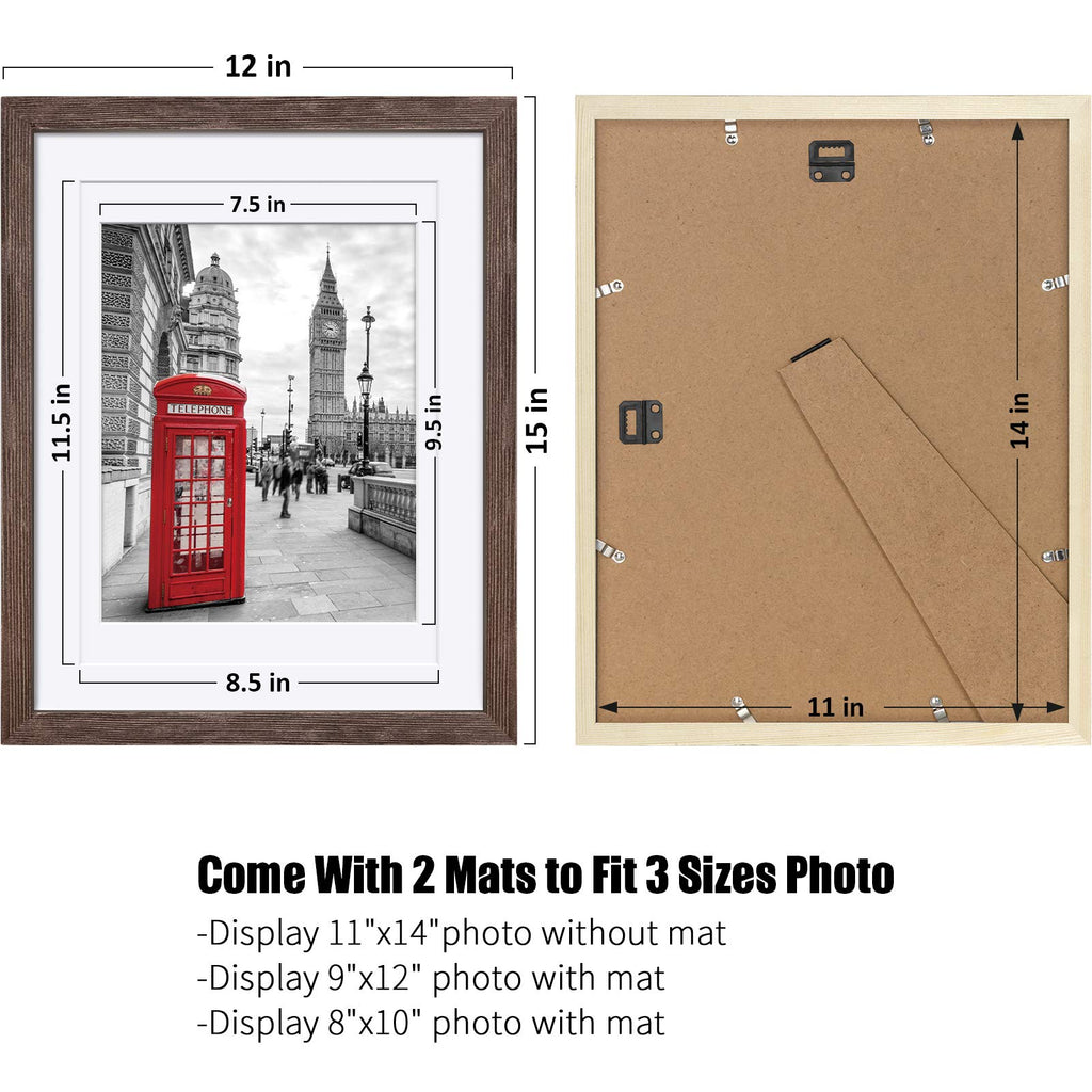 11x14 Rustic Picture Frames Solid Wood - Display Pictures 9x12 or 8x10 with Mat or 11x14 Frame without Mat