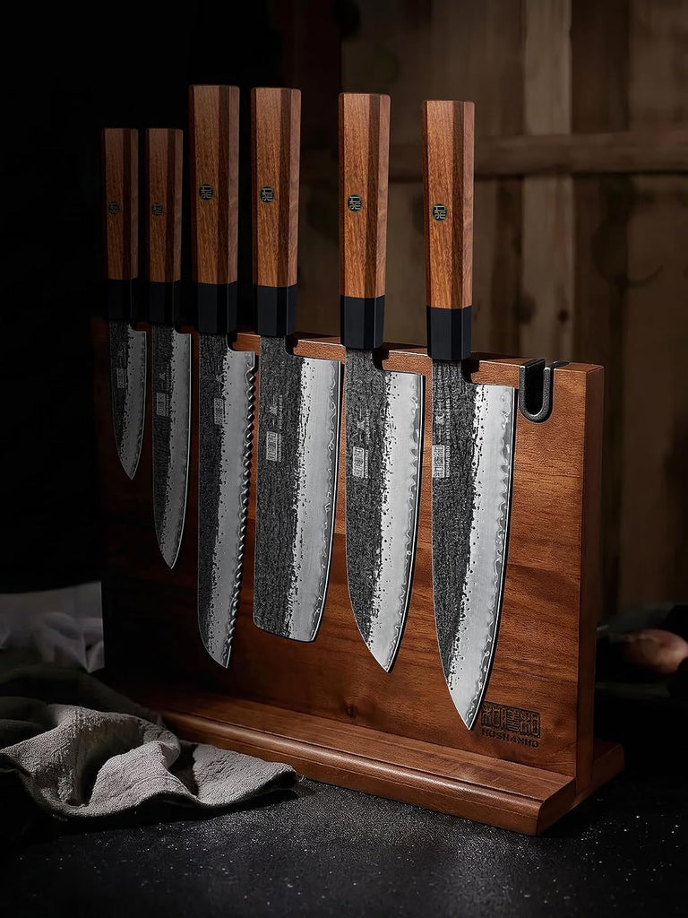 7 Pcs Knife Set with Magnetic Knife Block, Ultra Sharp Knife Set | Hand Forged 9 Layers 10CR15MOV High Carbon Steel