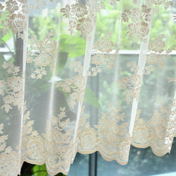 Beige Lace Valance Curtain for Kitchen Window, Rusitc Floral Vintage Cream Sheer Valance Over Sink 18 Inch Length