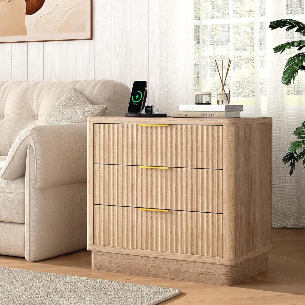 23.6 Inch Nightstand Set of 2 with Charging Station, Natural Oak Fluted Night Stand with 3 Drawer, Large Modern