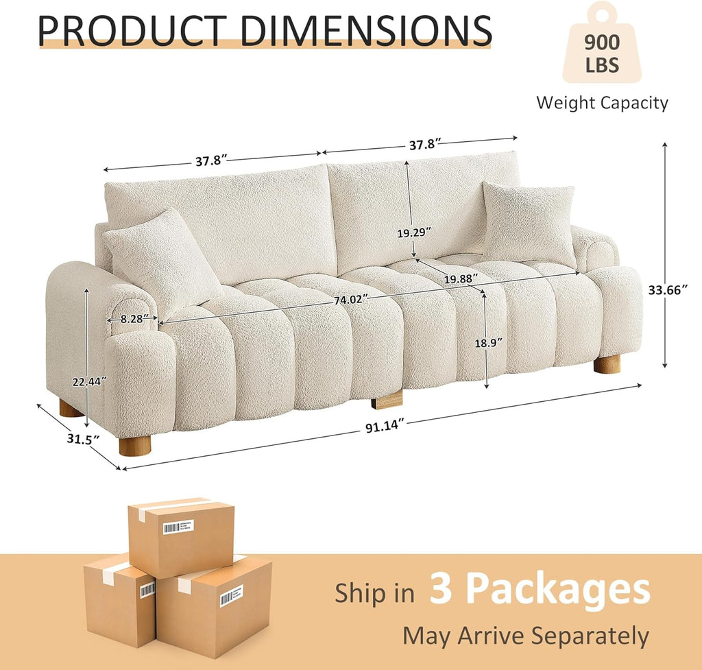 Boucle Sofa Couch, 91" Comfy Tufted Upholstered Cloud Couches, Modern 3 Seater Sofa with Pillows