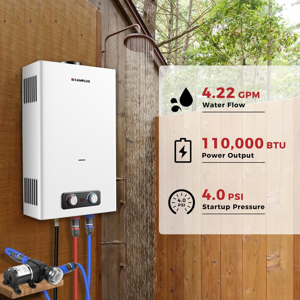 Tankless Water Heater Outdoor, 4.22 GPM Propane Water Heater with 3.3 GPM Water Pump Kit & Pipe Strainer