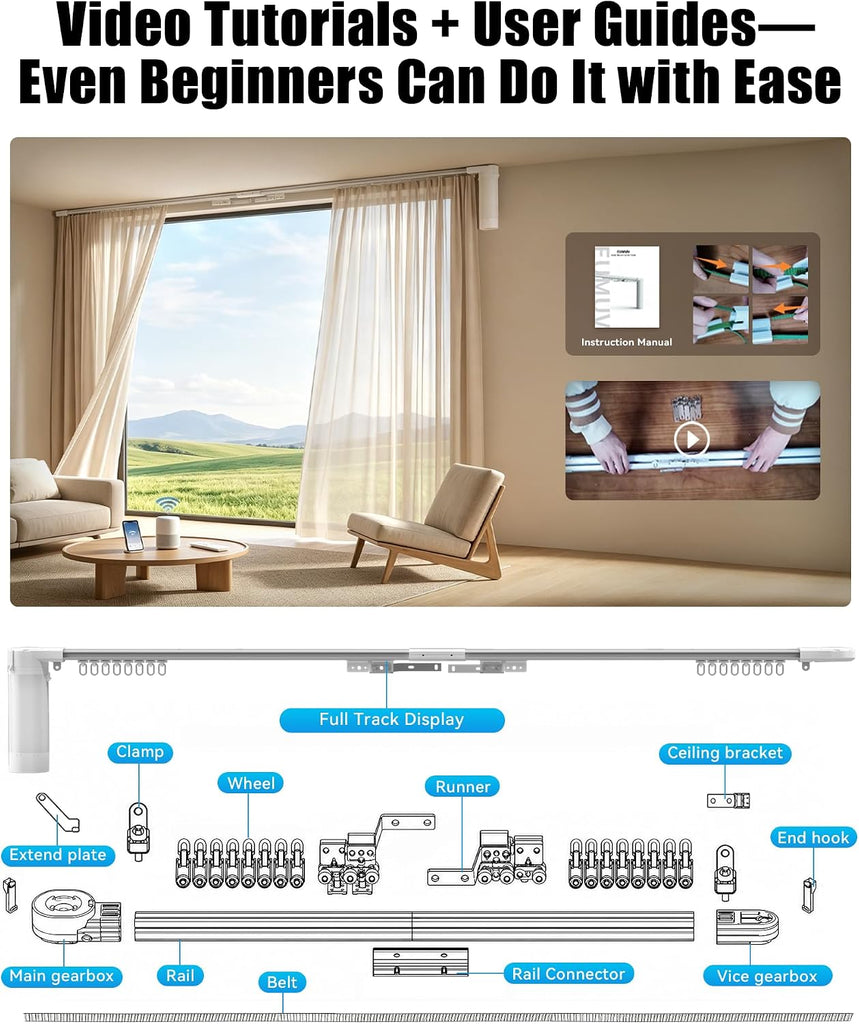 Curtain Rods for Windows up to 20"-165" Adjustable Length Electric Smart Curtain Track System with Remote, Motorized