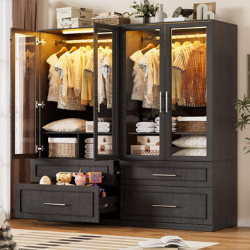 Armoire Wardrobe Closet with Glass Door and Drawers, Bedroom Closet Wardrobe Cabinet with Hanging Rod, Lighted