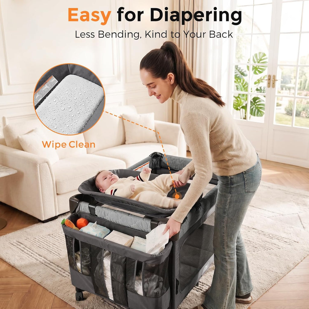 Pack and Play with Bassinet - 7 in 1 One-Step Setup Bedside Crib, Portable Playpen, Travel Crib, Baby Playard with