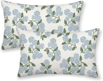 Spring Pillow Covers 12x20 Inch 2 Pcs Blue Green Hydrangea Flower Decor Throw Pillows Vintage Floral Seasonal Summer
