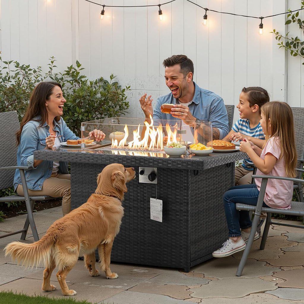 Wicker Propane Fire Pit Table, 60000 BTU Large Natural Gas Firepit Tables, 43'' Rectangle CSA Fireplaces Backyard