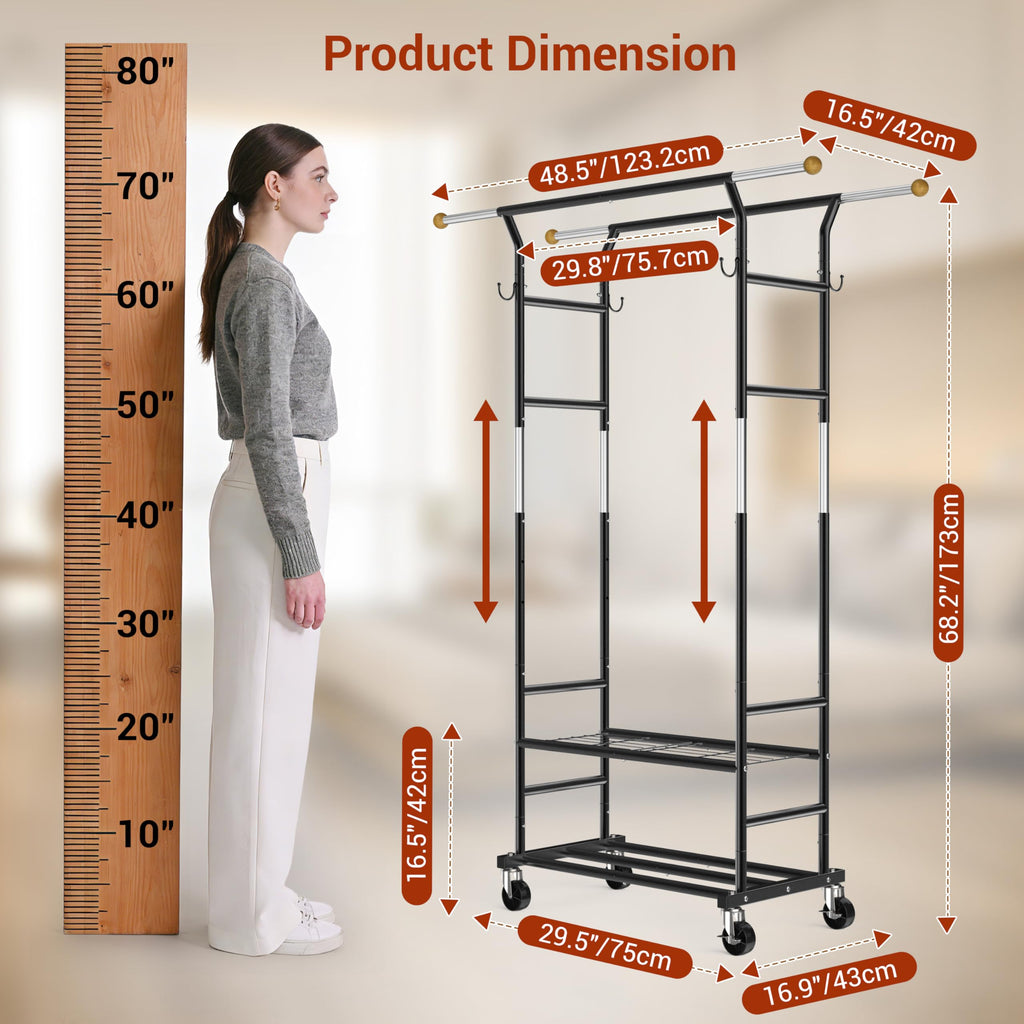Clothes Rack with 3-Level Height Adjustment - Double Rod Extendable Hanging Rails with Wooden Finials, Luxury 2-Tier