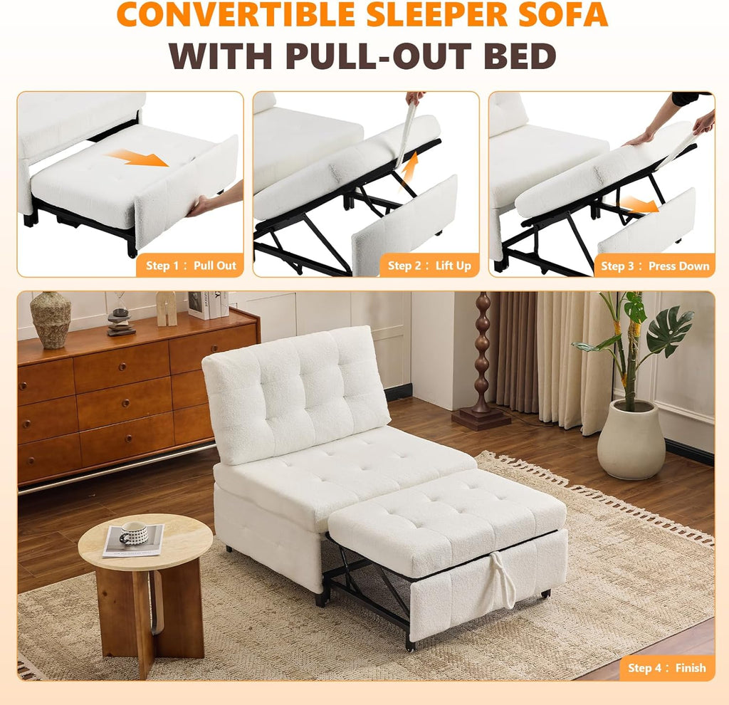 Convertible Sofa Bed Tufted Teddy Fleece Sleeper Chair Bed Couch Armless Living Room Chairs with Adjustable Backrest