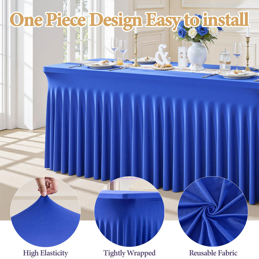 2 Packs Royal Blue Tableclothes for 8 Foot Rectangle Table, Wrinkle Free Spandex Tablecovers 8FT Stretch Fitted Table