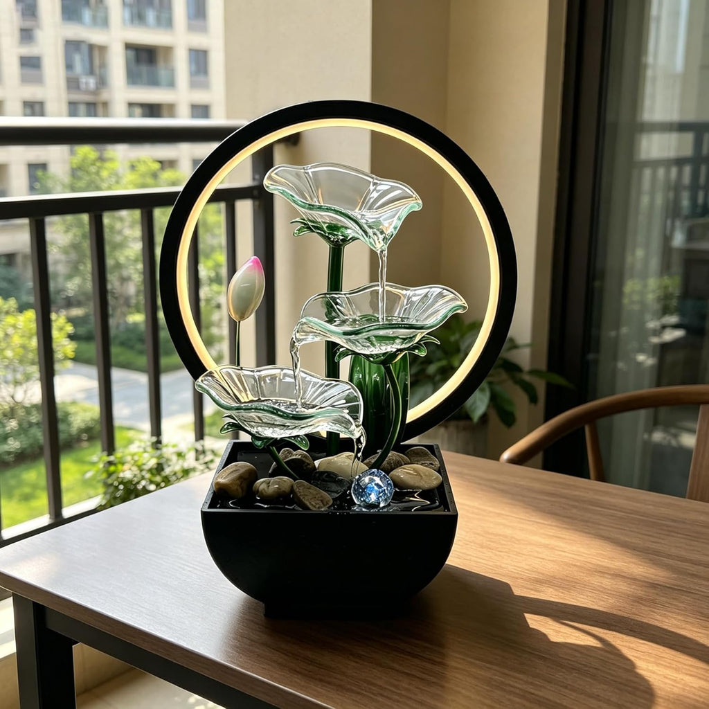 Tabletop Water Fountain,3-Tier Transparent Acrylic Lotus Leaf Zen Fountain,Indoor Water Feature with Lotus,LED Ring