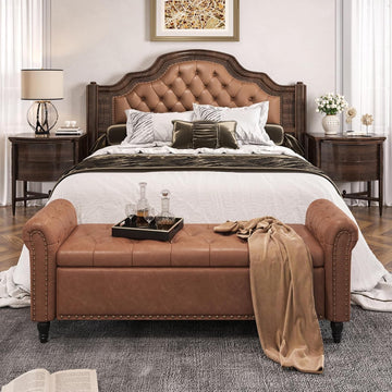 65 Inch Bedroom Bench, End of Bed Bench with Storage, Brown | Bed Benches for Foot of Bed, Faux Leather Window Bench