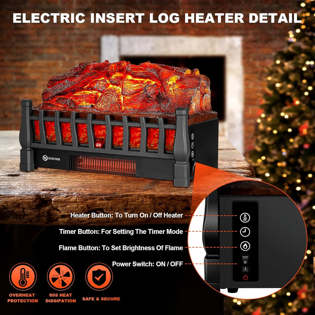 Electric Fireplace Logs Inserts Heater with Infrared Remote Controller 5 Flame Brightness 24 H Timer Overheating