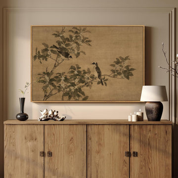 Framed Vintage Botanical Birds on Branch Wall Art, Retro Neutral Still Life Canvas Artwork for Walls, Elegant Rustic