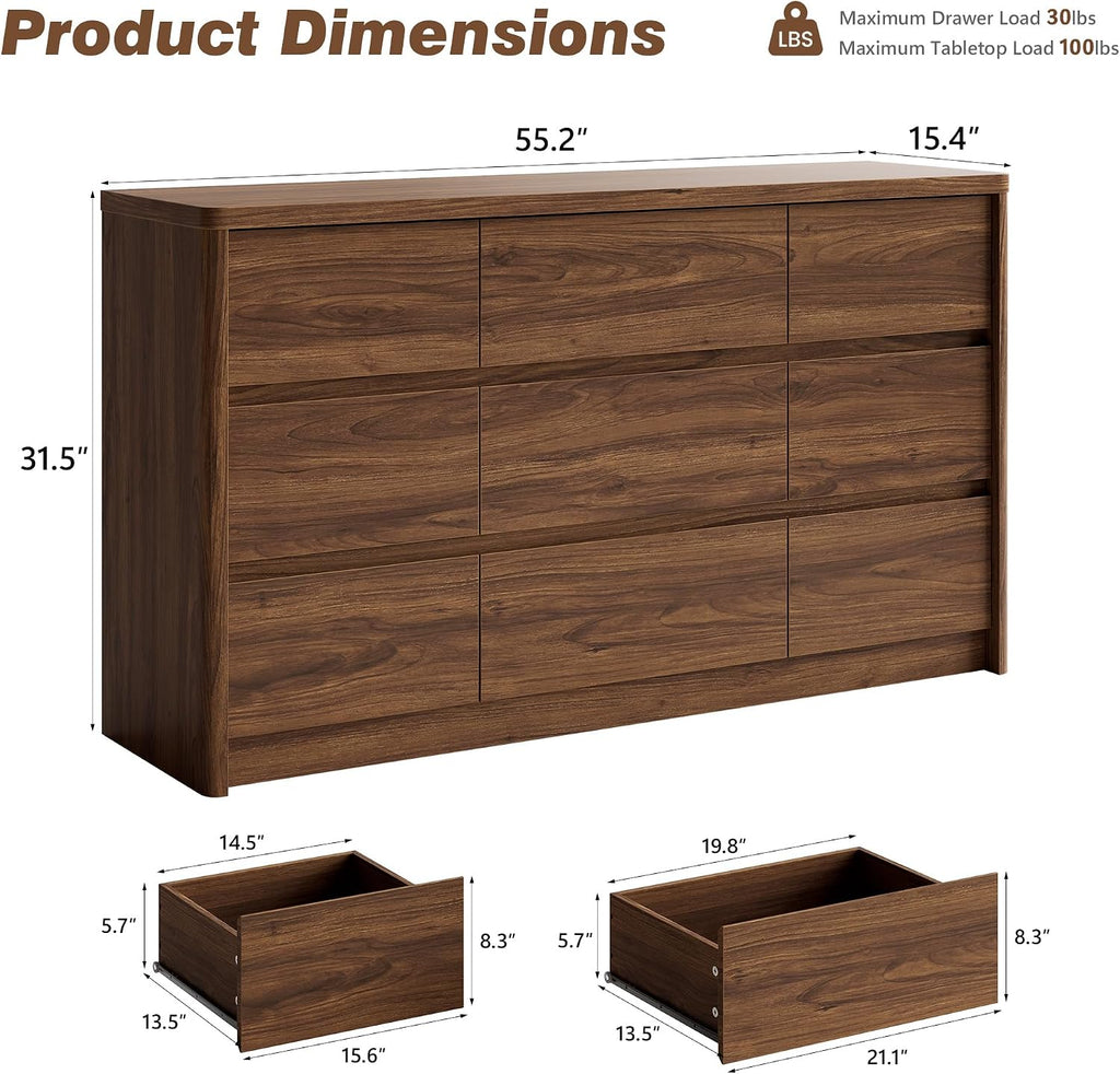 9 Drawer Walnut Dresser , 55" Wide Modern Chest of Drawers with 9 Large Storage Space with Curved Edge Design, Large