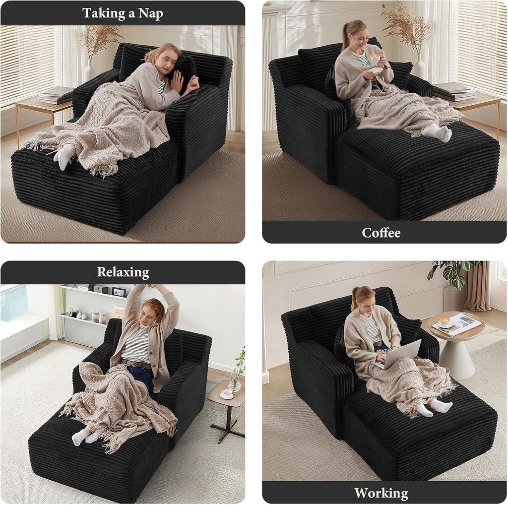 65.4" Chaise Lounge Chair Indoor, Oversized Boneless Couch | No Assembly|3 Pillows|Plush Corduroy|Upholstered Sofa