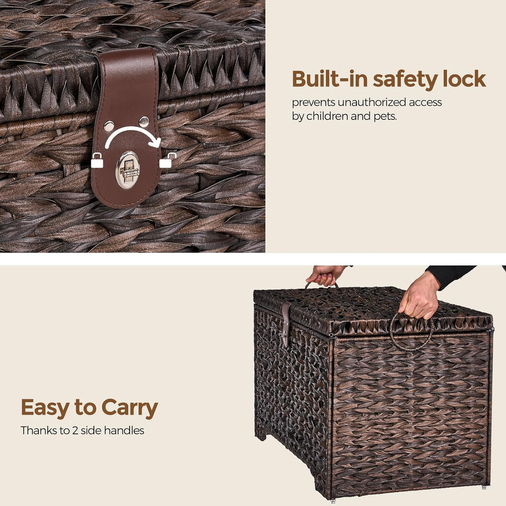 165L Handwoven Wicker Storage Basket with Lid, Large Storage Trunk | Leather Buckle Closure; Waterproof PP Wicker;