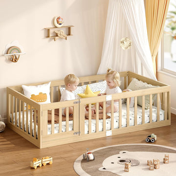 Twin Montessori Floor Bed with High Guardrails and 2 Door Latch, Solid Wood Toddler Bed Frame with 10 Slats and