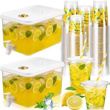 Lemonade Stand Supplies Kits Include 1.3 Gallon Clear Plastic Drink Dispenser with Spigot 100 Set Lemonade Cups - Set of 2