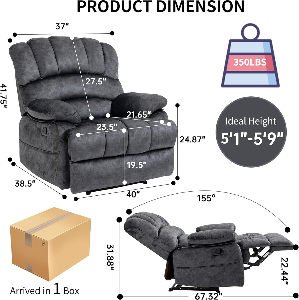 Large Manual Recliner Chair,Soft Fabric Push Back Recliner with Overstuffed Armrest and Backrest, Living Room Single