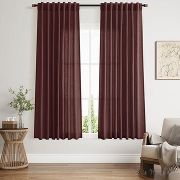 Reddish Brown Curtains 63 Inches Long 2 Panel Sets Bedroom, Light Filtering Linen Drapes Windows Rod Pocket or Back