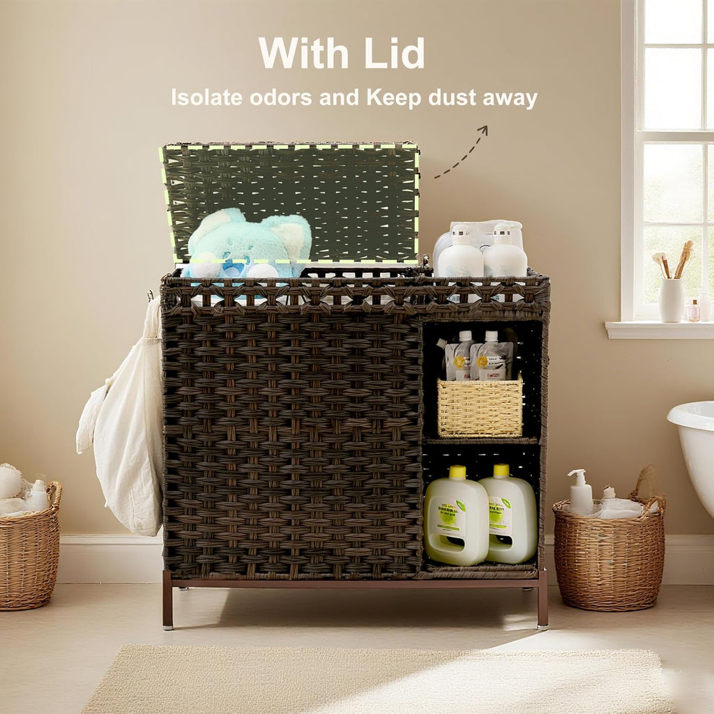 Laundry Hamper with Lid, 110L (29.1 Gal) Rattan Laundry Hamper 2 Section with 50L (13.2 Gal) Storage Shelf, Wicker
