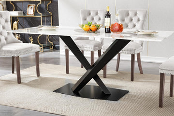 Modern Marble Dining Table, 70" White Kitchen Dining Room Table for 4 6 8 with 0.4" Thick Faux Marble Tabletop and