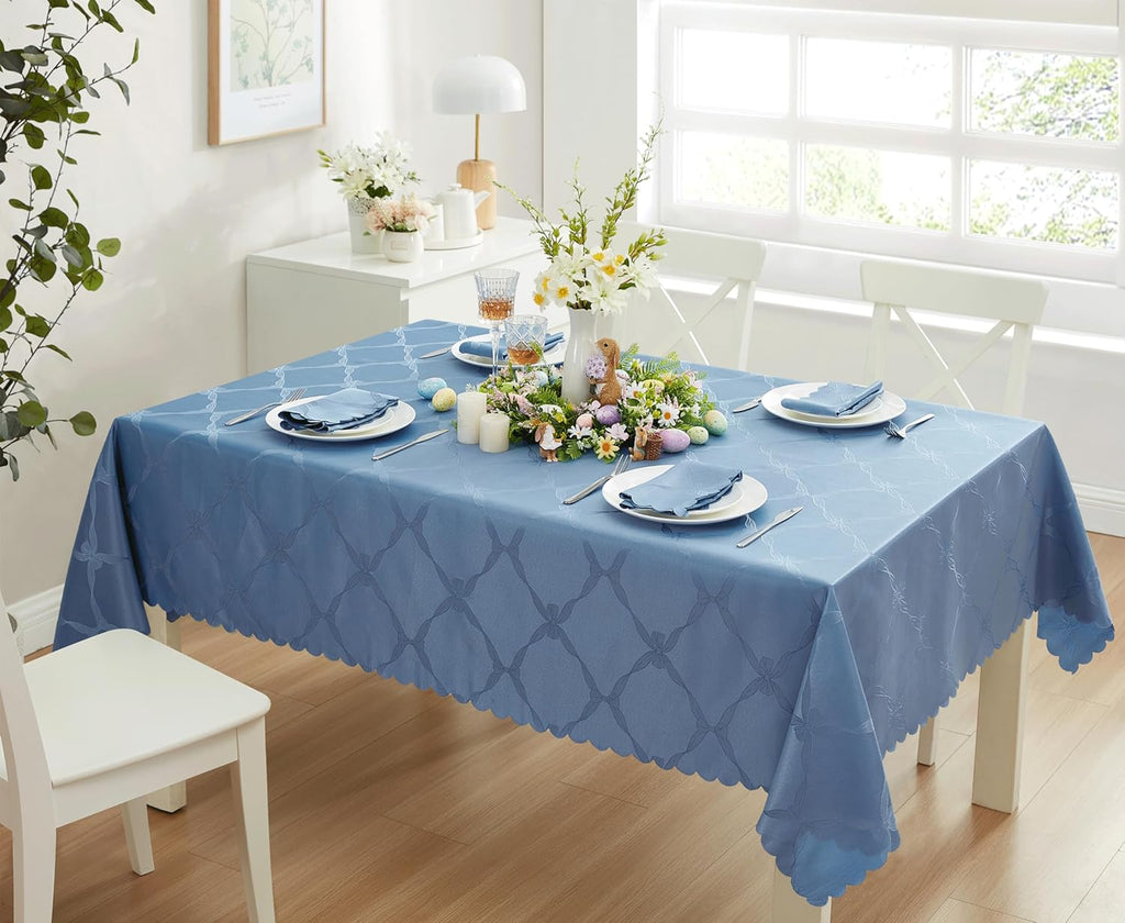 Ribbons and Bows Damask Fabric Tablecloth, Blue, 60 x 144 Inch Rectangle, Wrinkle & Stain Resistant 